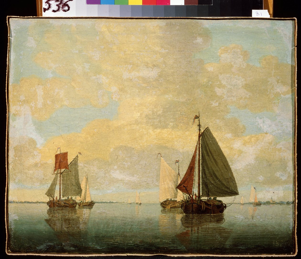 Barcos à vela. Pintura de Willem van de Velde, o Jovem (1633-1707). Óleo sobre tela, 24,5 x 32,5 cm, final do século XVII. Arte flamenga, estilo barroco. Museu Hermitage, São Petersburgo. de Willem van de Velde the Younger