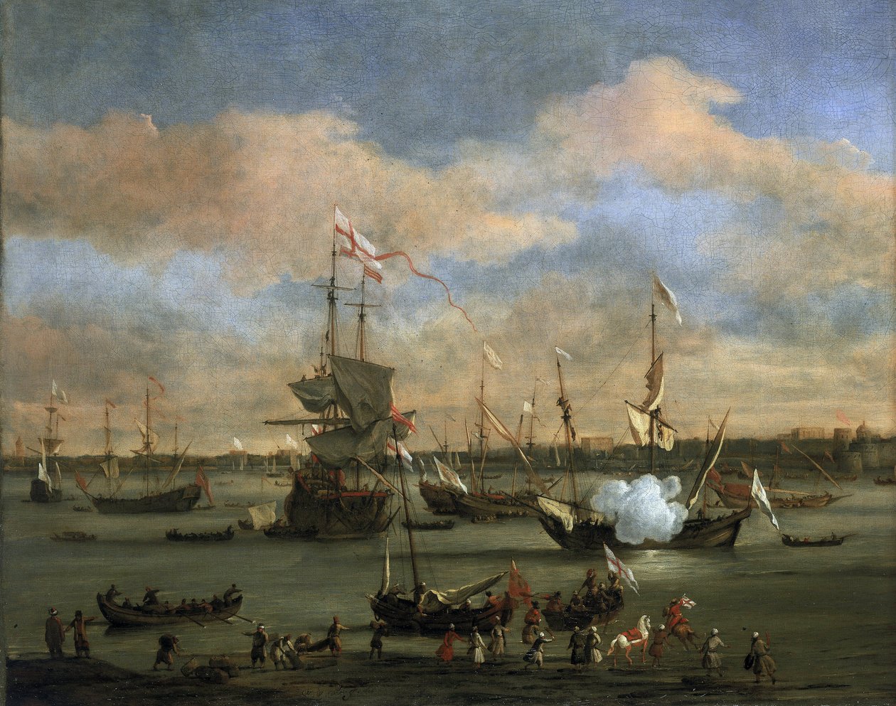 Navio comercial britânico num porto do Mar Mediterrâneo. Óleo sobre tela de Willem van de Velde the Younger