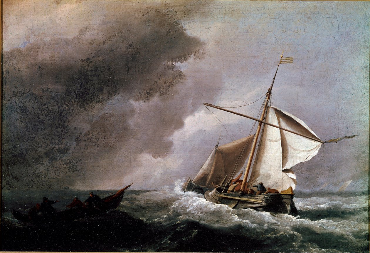 Navio holandês baixando velas esperando por um bote salva-vidas Pintura por Willem Van de Velde o jovem (1633-1707) 1660 Sol. 23,2x33,2 cm Londres, Galeria Nacional de Willem van de Velde the Younger