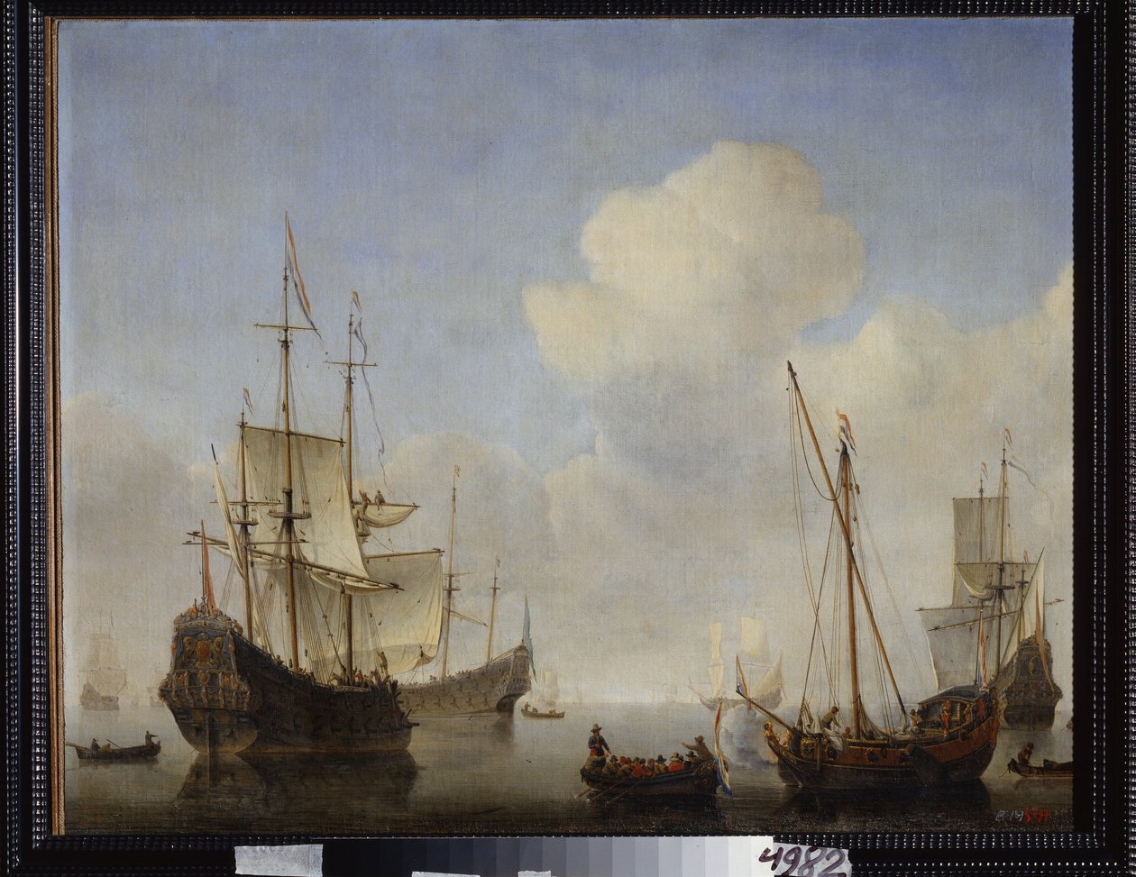 O esquadrão holandês na costa oeste africana. Pintura de Willem van de Velde o mais novo (1633-1707). Óleo sobre tela, ca. 1660. Escola holandesa, arte barroca. Museu Estadual ao Ar Livre Peterhof, Saint Peters de Willem van de Velde the Younger