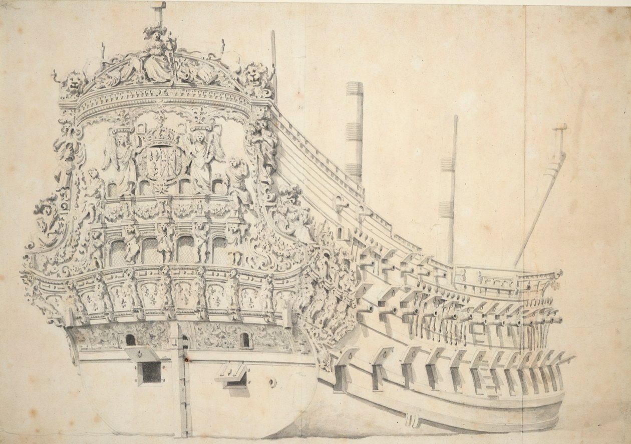 Retrato de um barco francês de dois andares. Construído na Holanda em 1666-1667, c.1667 (grafite, lavagem a cinzento) de Willem van de Velde the Younger