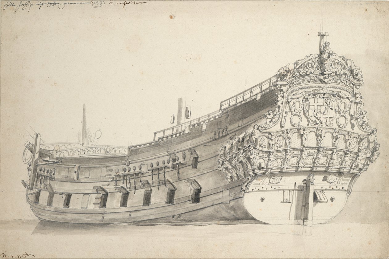 Retrato da "Provincie van Utrecht". Construído em 1663. Última menção em 1696, c.1665 (grafite, lavagem cinzenta) de Willem van de Velde the Younger