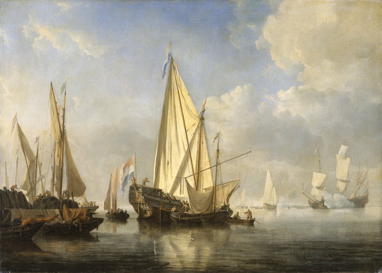 Navegação em uma calma com um Iate dos Estados Unidos fora do final de um cais, c.1680 (óleo sobre tela) de Willem van de Velde the Younger
