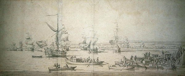 A chegada de James, Duque de York, no Royal Yacht at Chatham, para lançar o navio de guerra de primeira classe 
