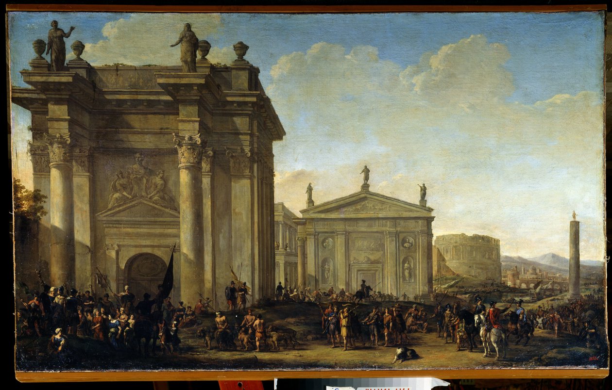 Uma procissão triunfal. Pintura de Willem van de Velde, o Jovem (1633-1707). Óleo sobre tela, arte holandesa, estilo barroco. State Open Air Museum Palace Gatchina, São Petersburgo. de Willem van de Velde the Younger