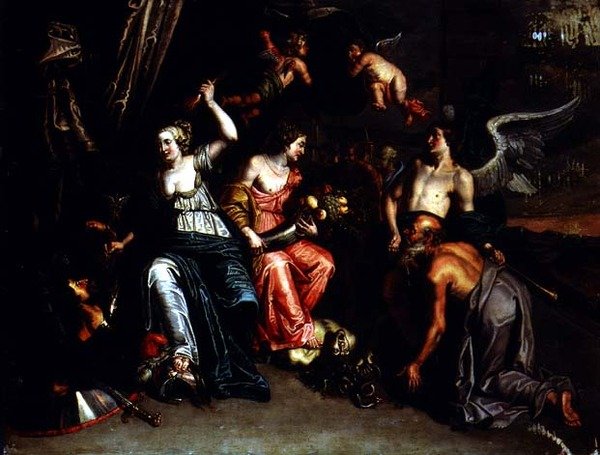 Agricultura acompanhada de Ceres como uma harpia é pisoteada e Minerva vence Marte (óleo sobre cobre) de Willem van the Elder Herp