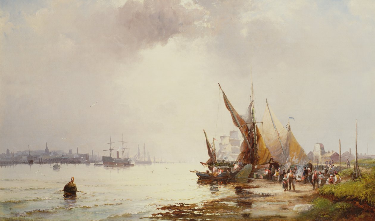 Pescadores, ligado, a, costa, em, um, calmo, estuário, em, alvorada, 19o século de William Anslow Thornley
