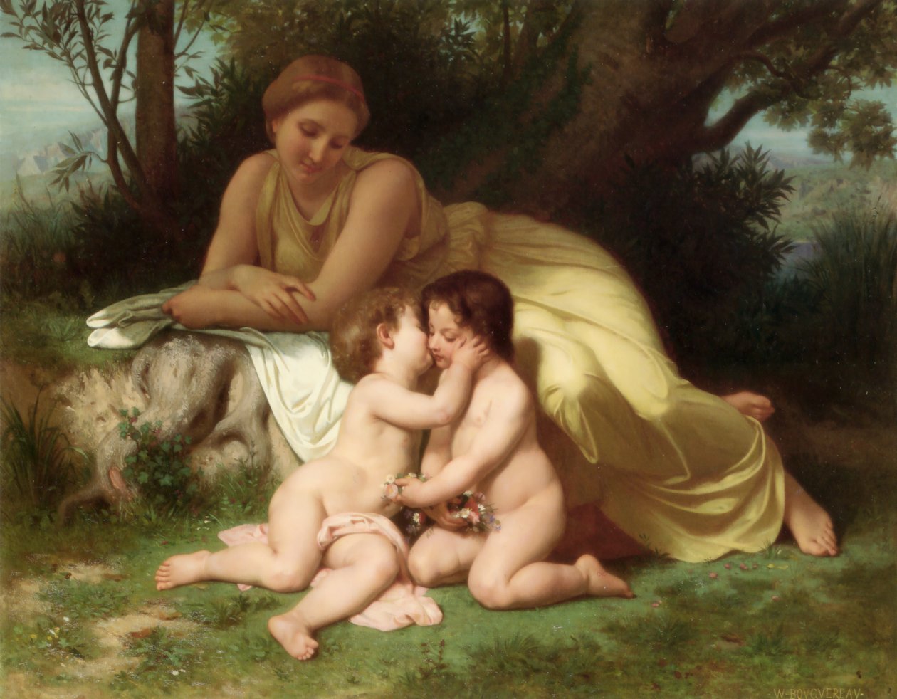 Mulher jovem, contemplar, dois, abraçando, crianças, (1861) de William Adolphe Bouguereau