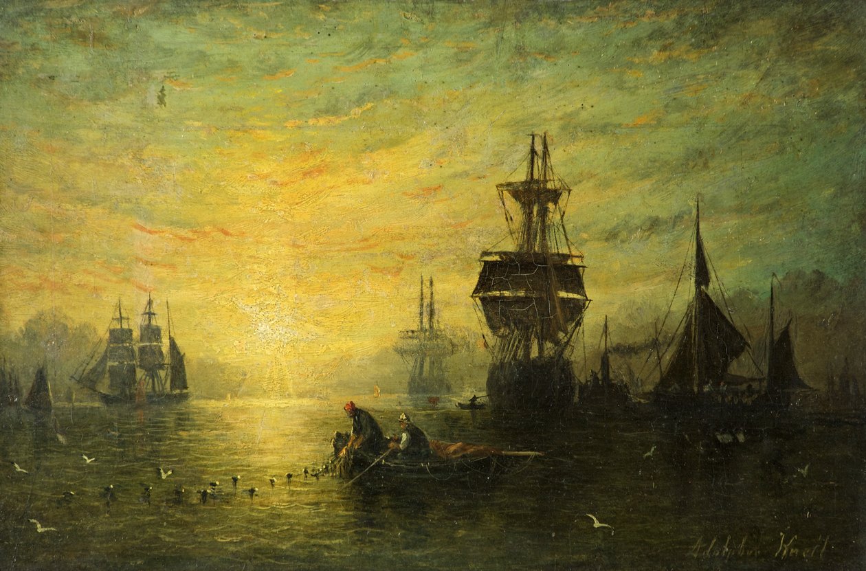 Pôr do sol com barcos, 1875 de William Adolphus Knell