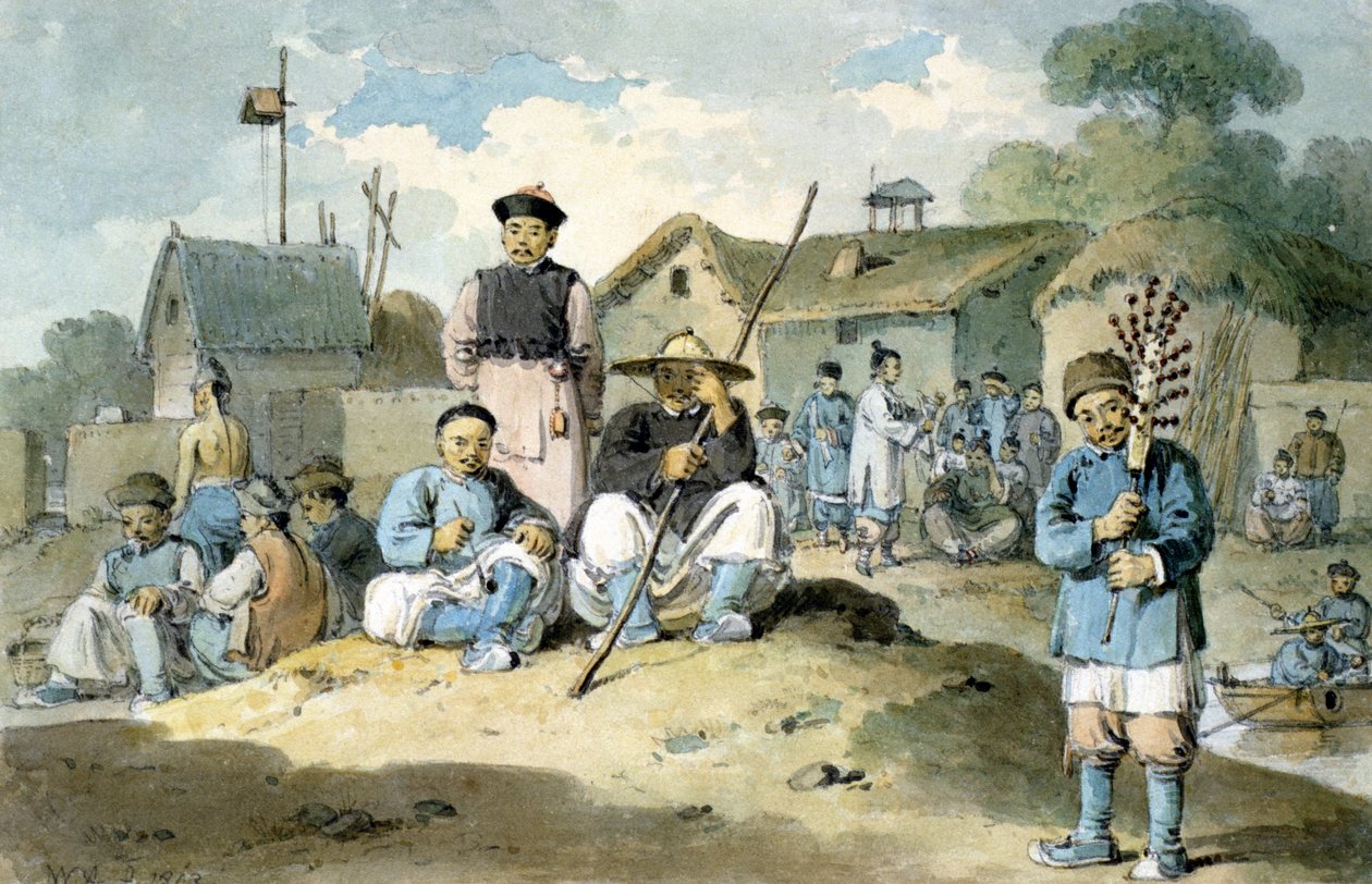 Um grupo de chineses na margem de um rio, assistindo a passagem da embaixada do conde Macartney, 1793 de William Alexander