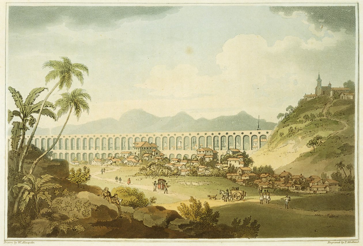 Arcos de Carioco, ou Grande Aqueduto no Rio de Janeiro, prato 5 de &39;A Voyage to Cochinchina&39; de John Barrow (1764-1848) gravado por Thomas Medland (1755-1823) 1806 (aquatint) de William Alexander