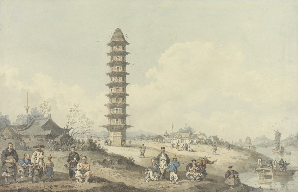 Cidade de Lin Tsin, Shantung, com vista para o grande canal (wc sobre grafite sobre papel) de William Alexander