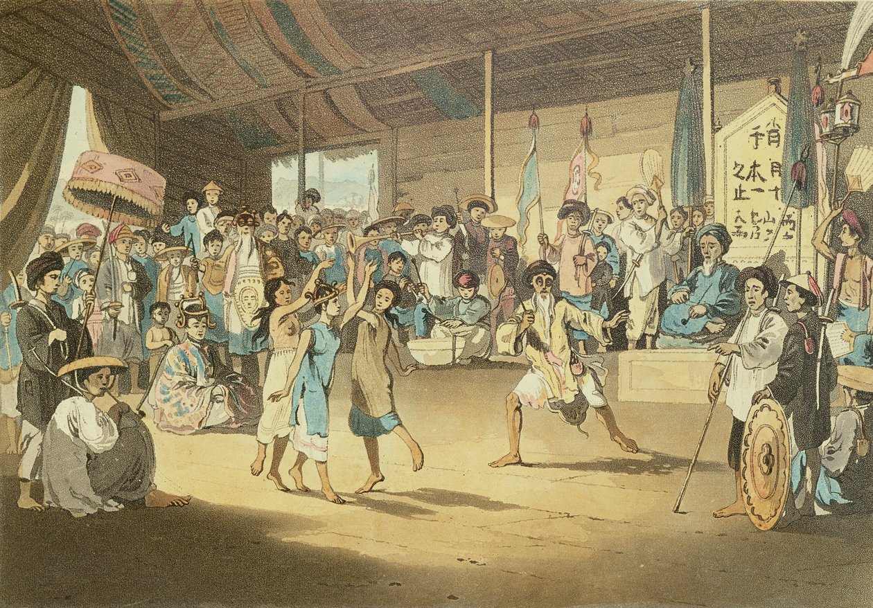 Cena em Ópera Cochin-Chinesa, prato 13 de &39;A Voyage to Cochinchina&39; de John Barrow (1764-1848) gravado por Thomas Medland (1755-1823) 1806 (aquatint) de William Alexander
