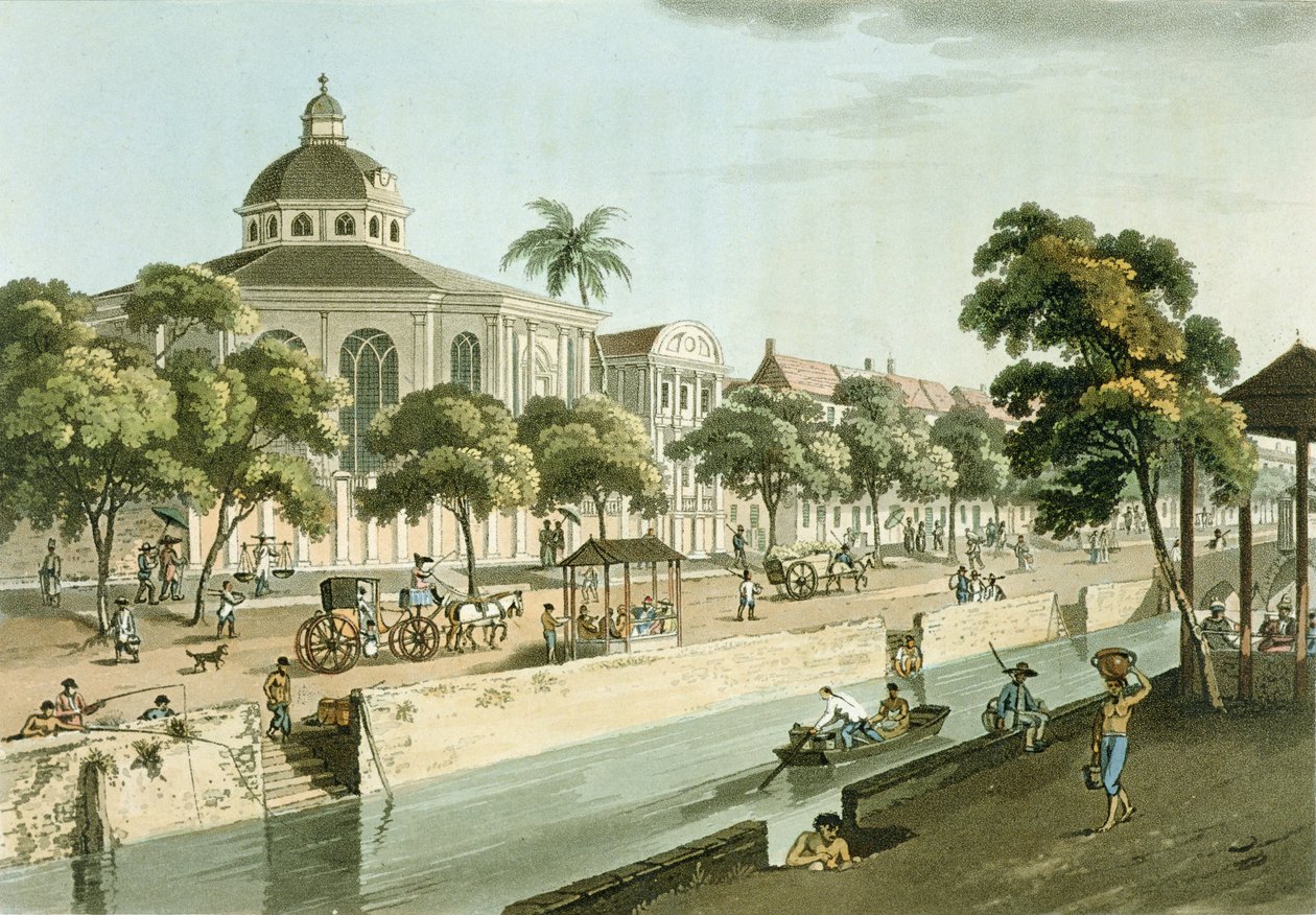 A Igreja Calvinista na Batávia, placa 9 de &39;A Voyage to Cochinchina&39; de John Barrow (1764-1848) gravada por Thomas Medland (1755-1823) 1806 (aquatint) de William Alexander