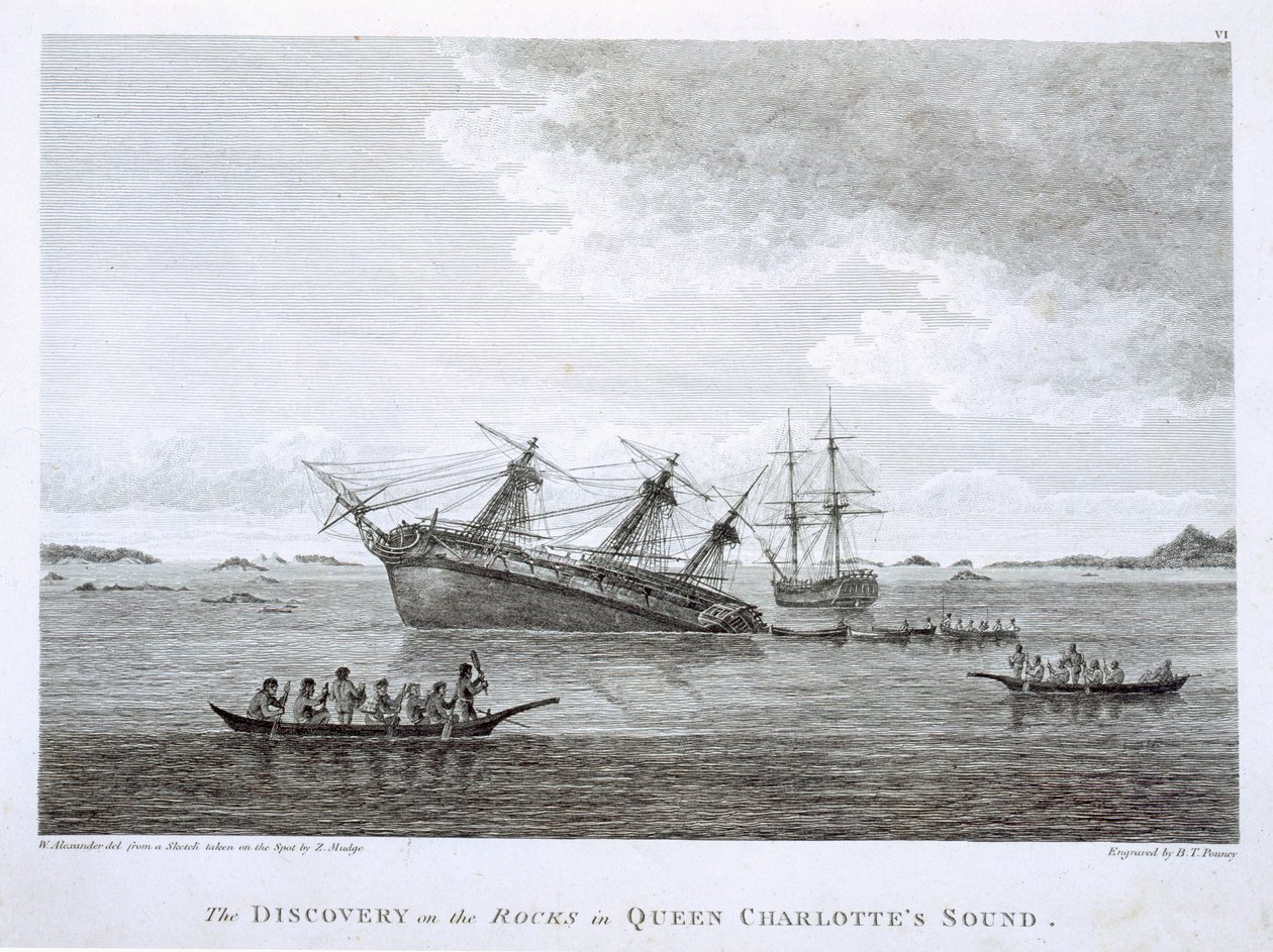 O Discovery on the Rocks em Queen Charlotte&39;s Sound, gravado por BT Pouney, c.1790-99 de William Alexander