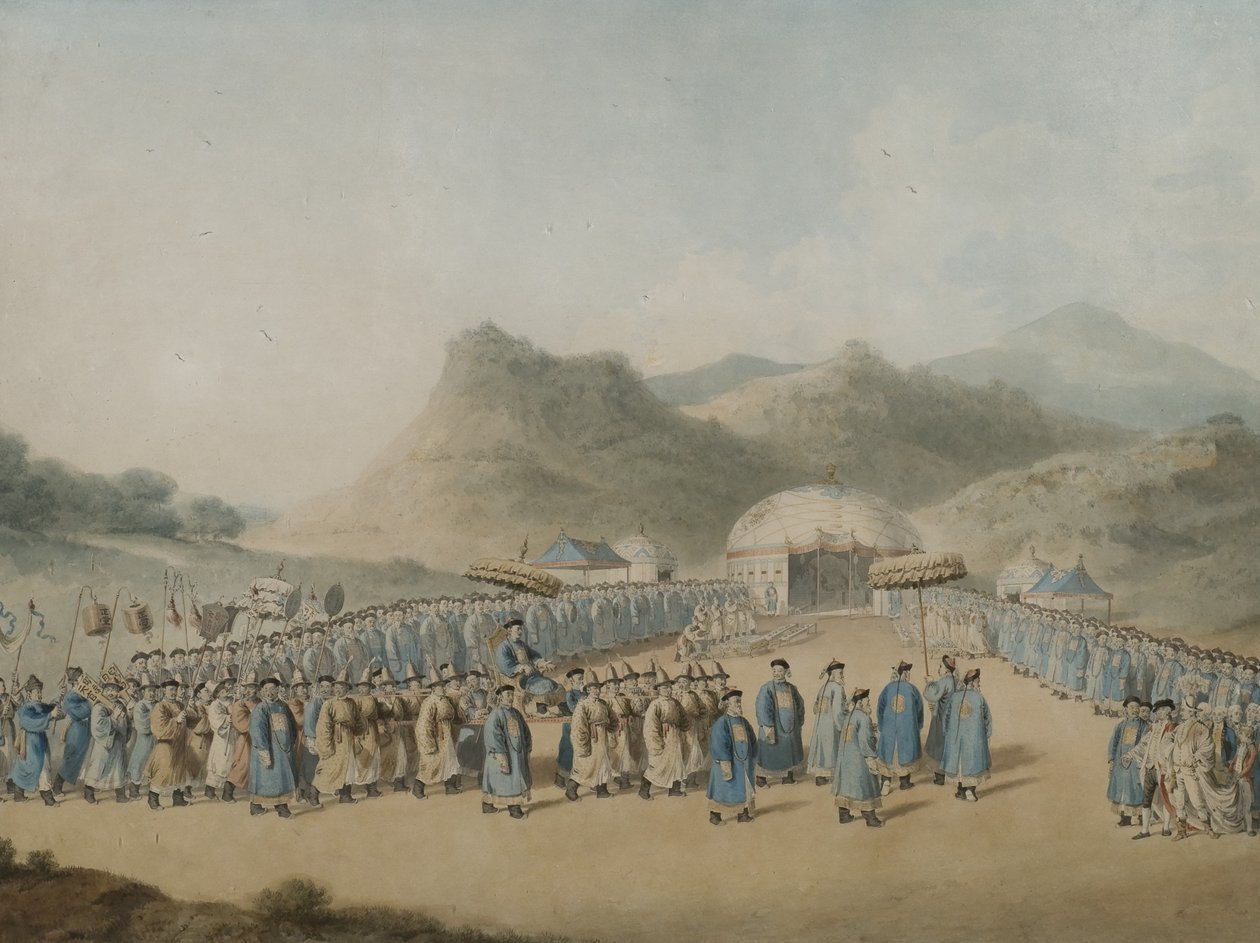 A aproximação do imperador da China à sua tenda na Tartária para receber o embaixador britânico, 1799 (wc on paper) de William Alexander