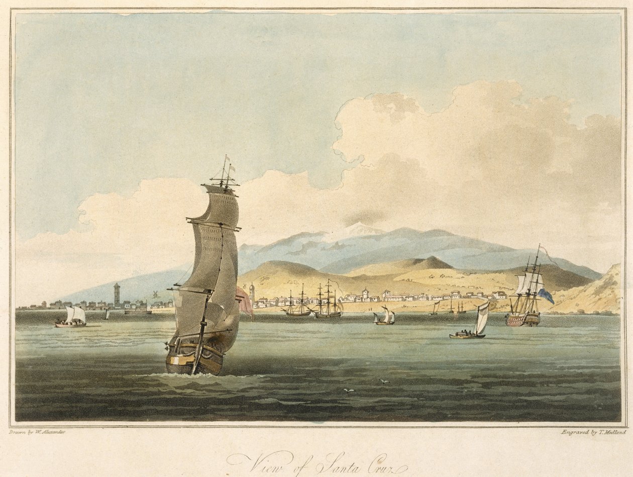 Vista de Santa Cruz, prato 3 de &39;A Voyage to Cochinchina&39; de John Barrow (1764-1848) gravado por Thomas Medland (1755-1823) 1806 (aquatint) de William Alexander