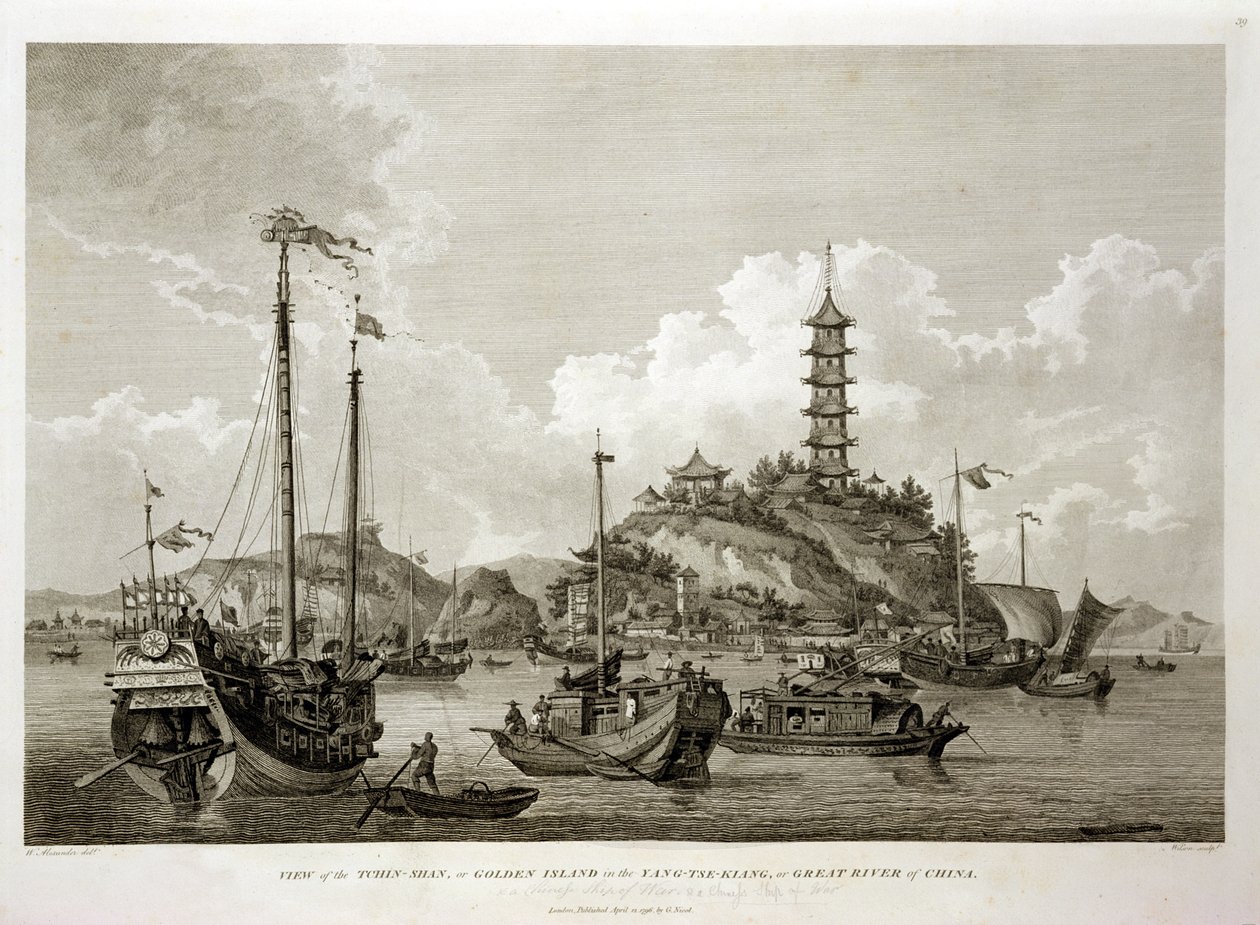 Vista do Tchin Shan, ou da ilha dourada, no Yang-tse Kiang, ou no grande rio de China, gravado por Wilson, bar. por G. Nicol, 1796 de William Alexander