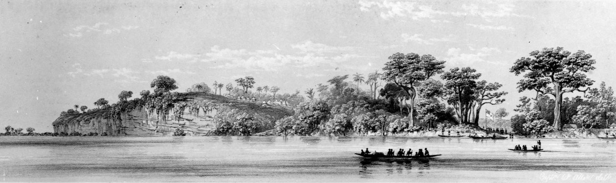 Penhascos em Attah, de "Vistas pitorescas no rio Níger: esboçado durante a última visita de Lander em 1832-33" litografia feita por Thomas Picken, publicada em 1840 de William Allen
