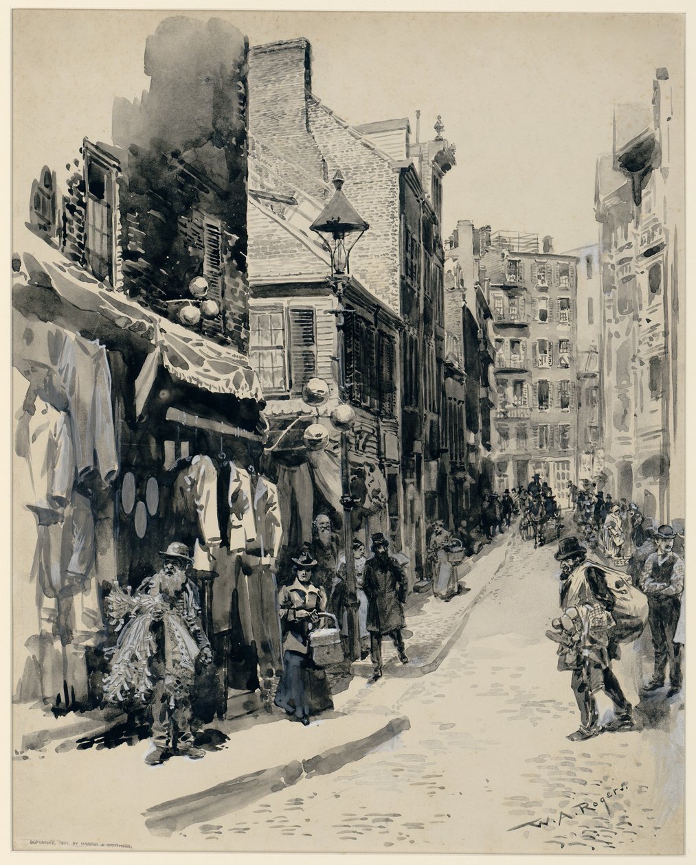The Jewish Quarter, Boston, publicado em 1899 (caneta e tinta no papel) de William Allen Rogers