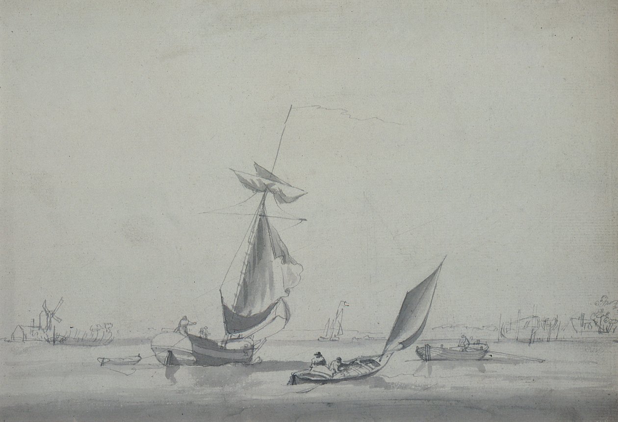 Barcos de pesca: costa baixa, com um moinho de vento à esquerda de William Anderson