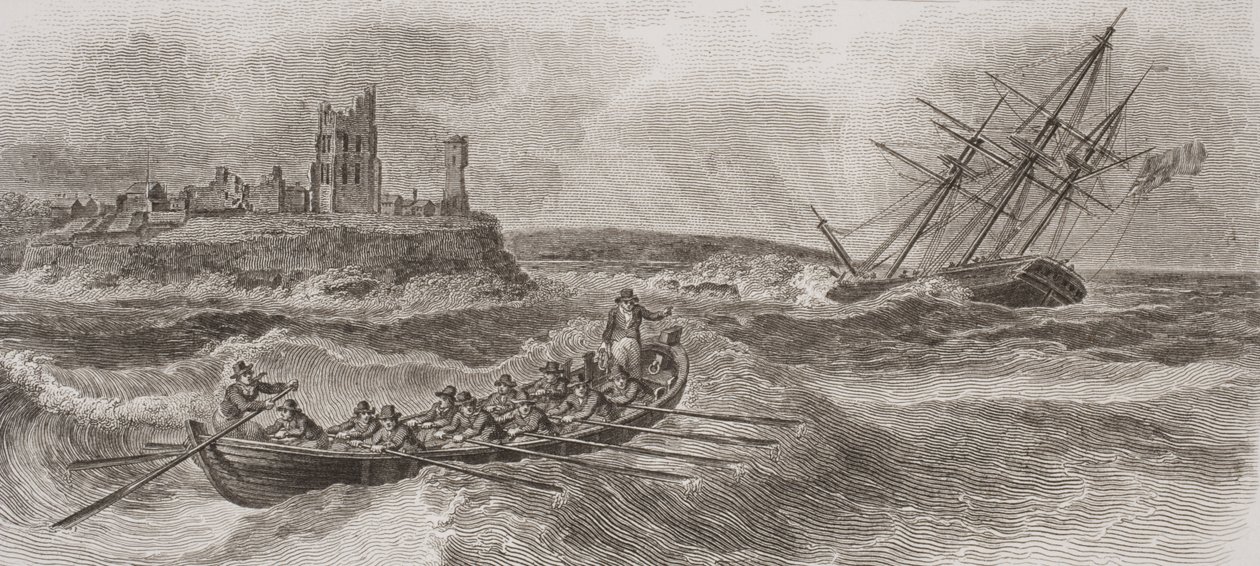 Bote salva-vidas a remo para o resgate de um veleiro em ruínas, gravado por Thomas Milton (1743-1827) 1820 de William Anderson