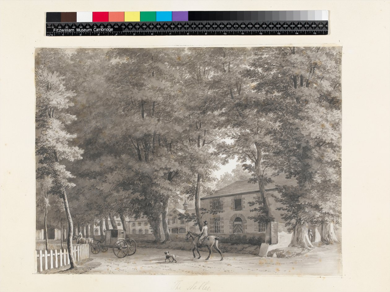 No.3933.f8 Vista dos estábulos na propriedade Mount Merrion de Lord Fitzwilliam, perto de Dublin, 1806, (tinta e lavagem) de William Ashford