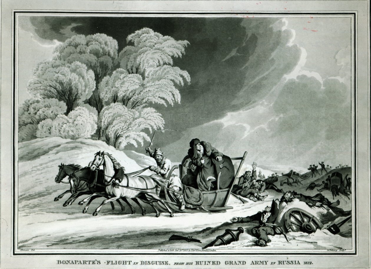Napoleão disfarçado durante o retiro da Rússia em 1812 (aquatint) de William Atkinson