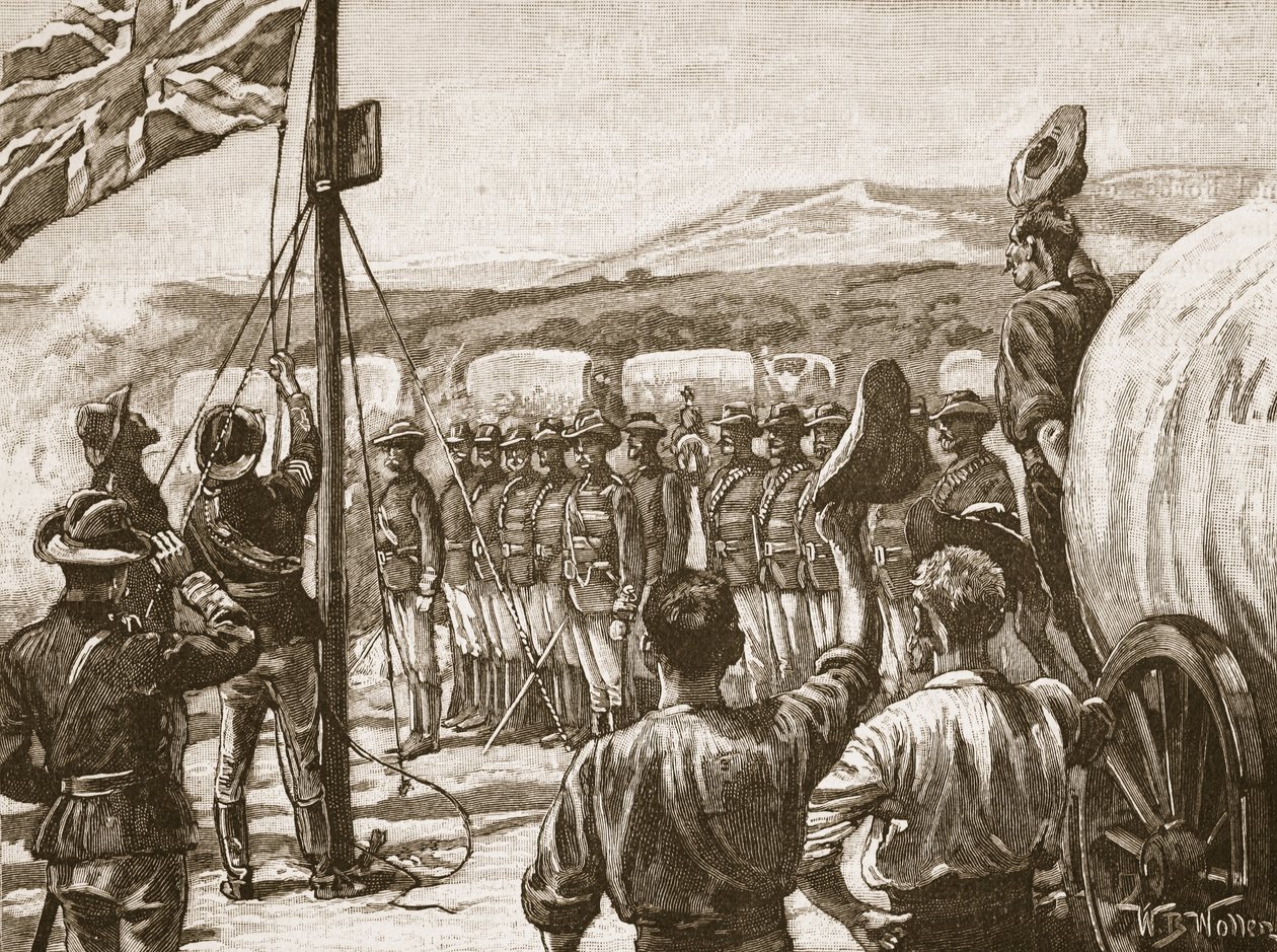 Pioneirismo da empresa britânica da África do Sul em Mashonaland, 1890, ilustração da &39;História Ilustrada de Cassell na Inglaterra&39; (foto em sépia) de William Barnes Wollen