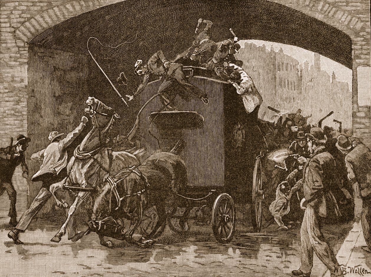 Ataque feniano contra a van da polícia em Manchester, 1867, ilustração da "História Ilustrada de Cassell na Inglaterra" (foto sépia) de William Barnes Wollen