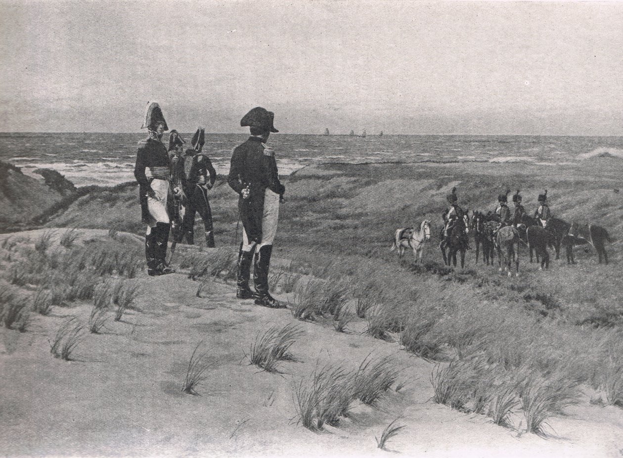 Napoleão pesquisa o Canal da Mancha, ilustração de "Batalhas Britânicas na Terra e no Mar", publicado por Cassell, Londres, c.1910 de William Barnes Wollen