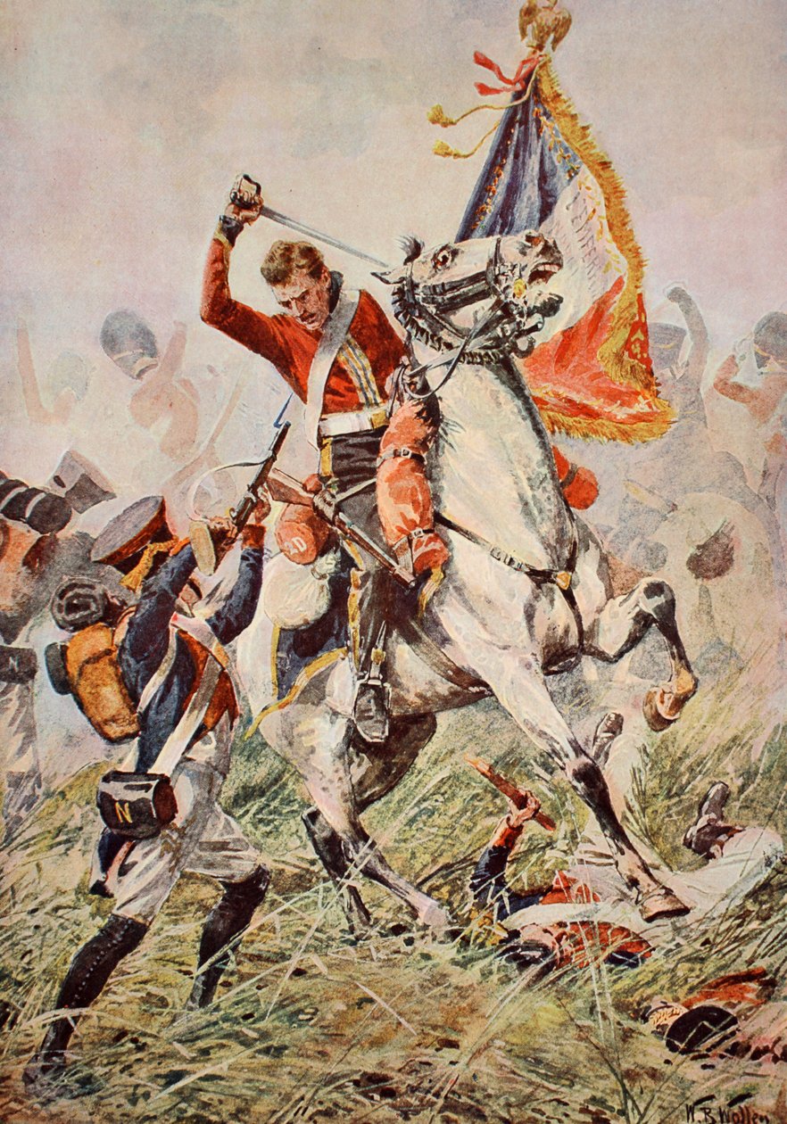 Sargento Ewart capturando a águia em Waterloo, ilustração de "Batalhas do século XIX", de Archibald Forbes, GA Henty e Major Arthur Griffiths de William Barnes Wollen