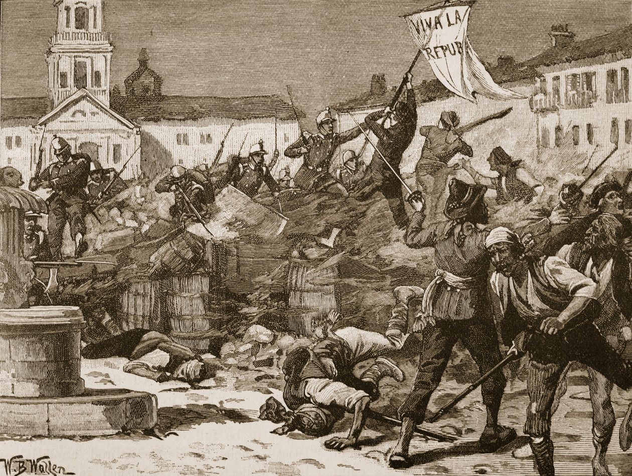Street Fighting em Málaga, 1869, ilustração de &39;História Ilustrada de Cassell da Inglaterra&39; (foto sépia) de William Barnes Wollen