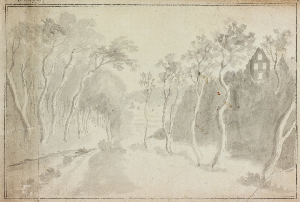 Estrada rural com Village (aquarela (lavagem) no papel) de William Beilby