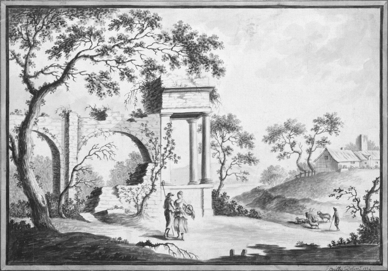 Paisagem italiana com ruínas clássicas e pastores (desenho) de William Beilby