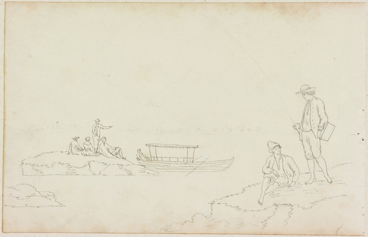 Homem pescando e pessoas relaxando nas margens do rio (lápis sobre papel (no papel com M752)) de William Beilby