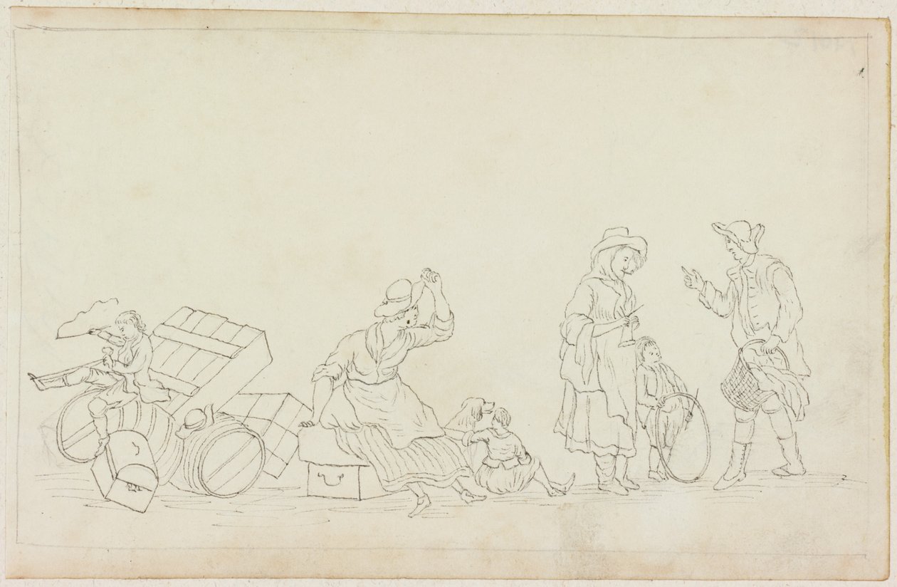 Mulher de fumar, crianças, homem e mulher (lápis e tinta em papel (em papel com M750)) de William Beilby
