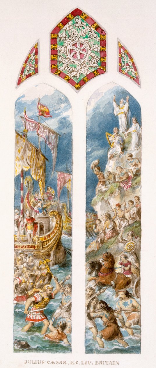 Júlio César chega às margens da Bretanha, 54 aC, em trimarenes, é atacado por bretões pintados em woad, c.1880 de William Bell and Boyd, Alice Scott