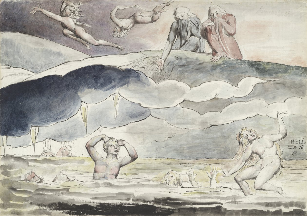 Dante e Virgílio olhando para o fosso dos aduladores, ilustração da "Divina Comédia" de Dante Alighieri, 1824-1827 de William Blake