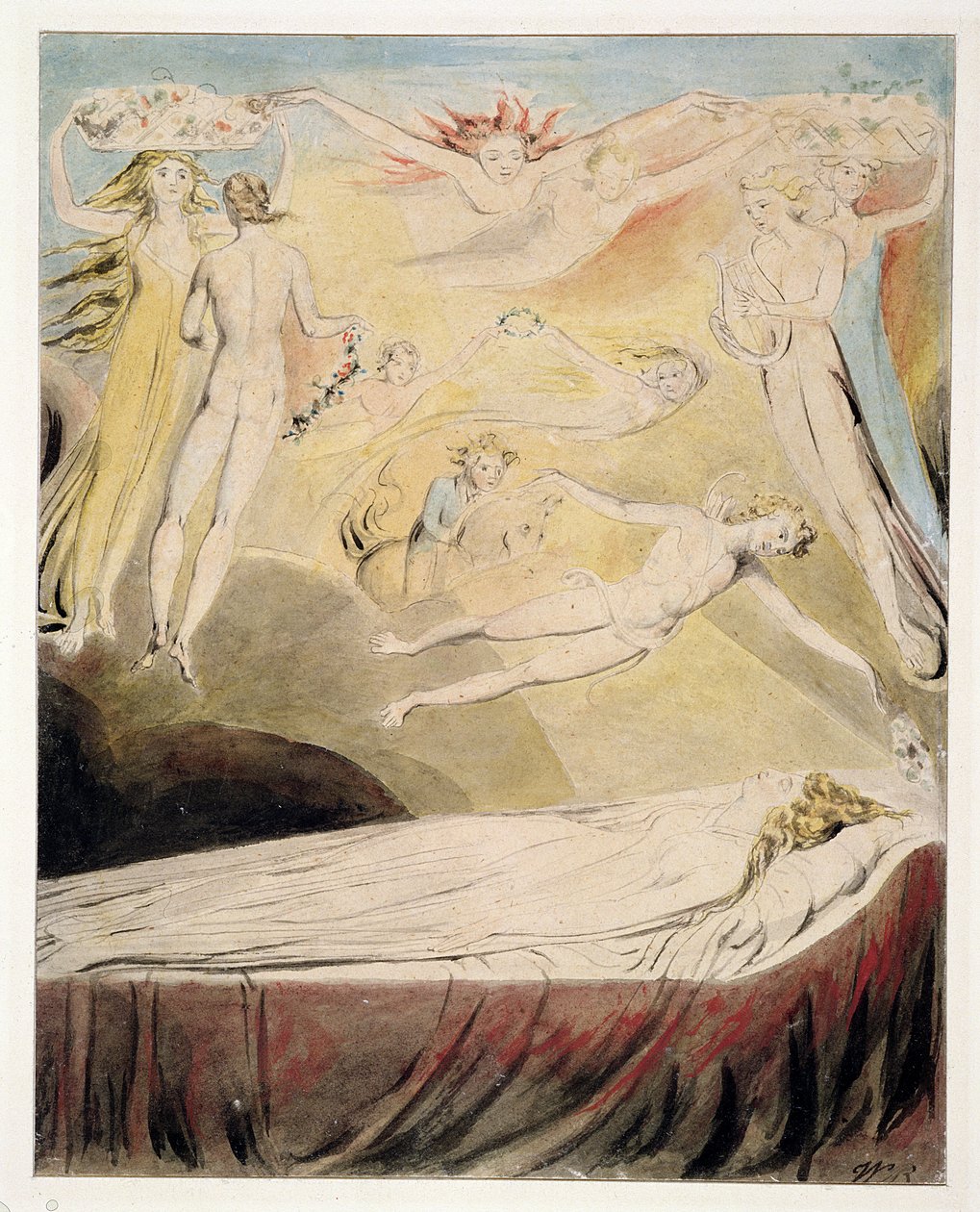 1771 Queen Catherines Dream, c.1783-90 (wc, lavar, caneta e tinta no papel) de William Blake
