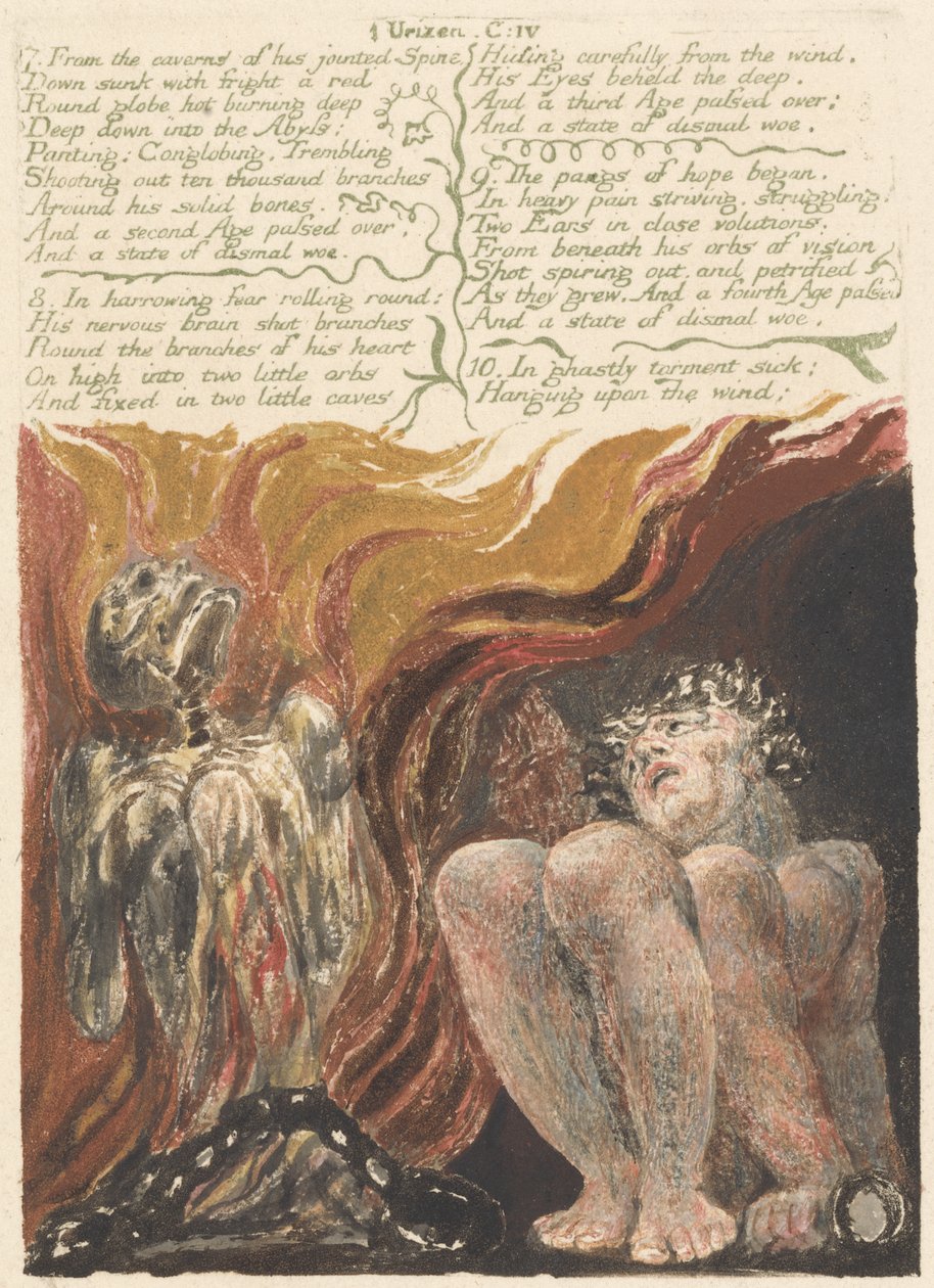 7. Das cavernas de sua espinha articulada ..., placa 14 de O Primeiro Livro de Urizen, 1794 (gravura em relevo a cores com tinta e wc no papel) de William Blake
