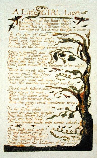 Uma garotinha perdida, prato 43 de Songs of Experience, 1789 (cor impressa relevo gravura com wc no papel) de William Blake