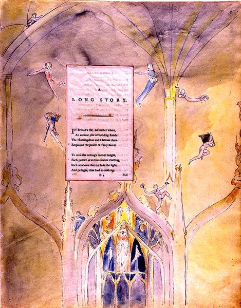 Uma longa história, uma antiga pilha de prédios que empregava o poder das mãos de fada, dos poemas de Thomas Gray, 1797-98 (wc e tinta preta sobre papel) de William Blake