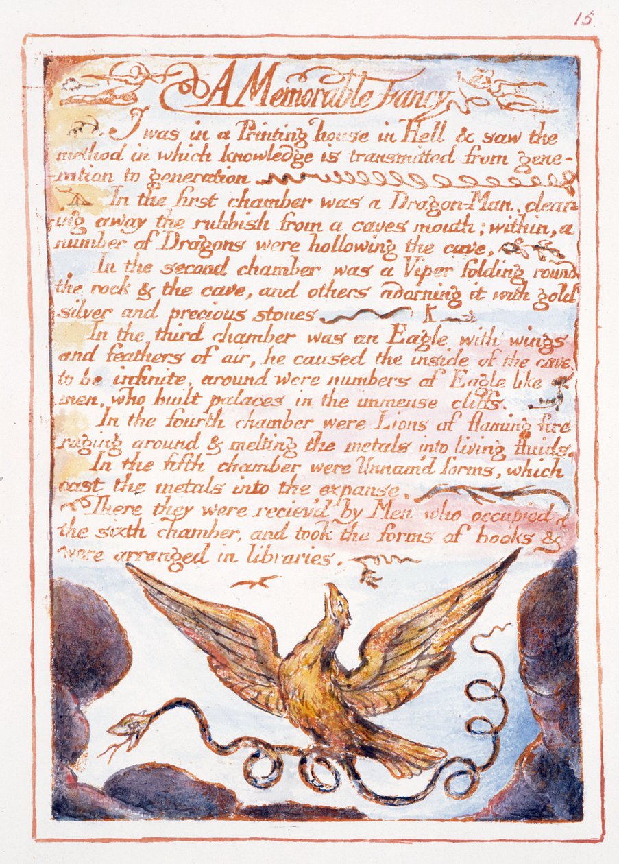 Uma Fantasia Memorável, texto e ilustração de &39;O Casamento do Céu e do Inferno&39;, c.1790-3 (gravura em relevo terminada com caneta e wc) de William Blake