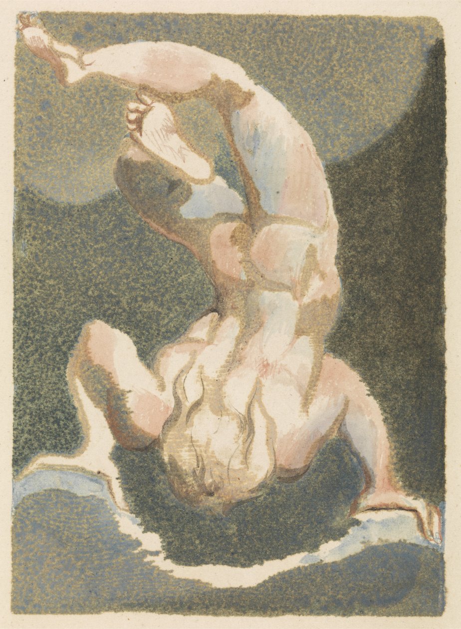 Um homem musculoso, nu, que parece ter flutuado para descansar em suas mãos, de cabeça para baixo, em pedras e nuvens, placa 15 do primeiro livro de Urizen, 1794 (relevo impresso a cores gravura com tinta e de William Blake