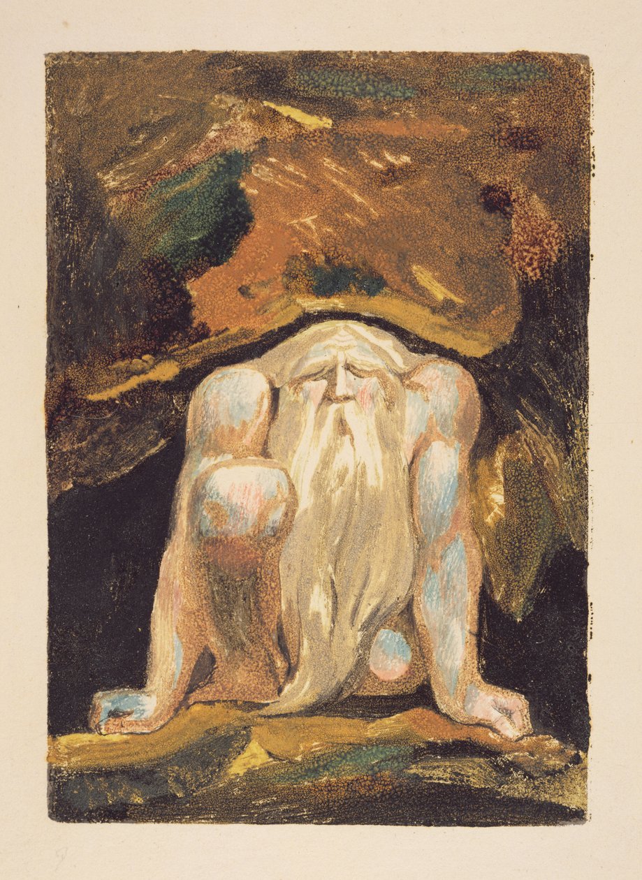 Um homem nu com uma longa barba ajoelhada com um joelho erguido e ambas as mãos no chão, prato 8 de &39;O Primeiro Livro de Urizen&39;, 1794 (cor impressa relevo gravura com wc) de William Blake