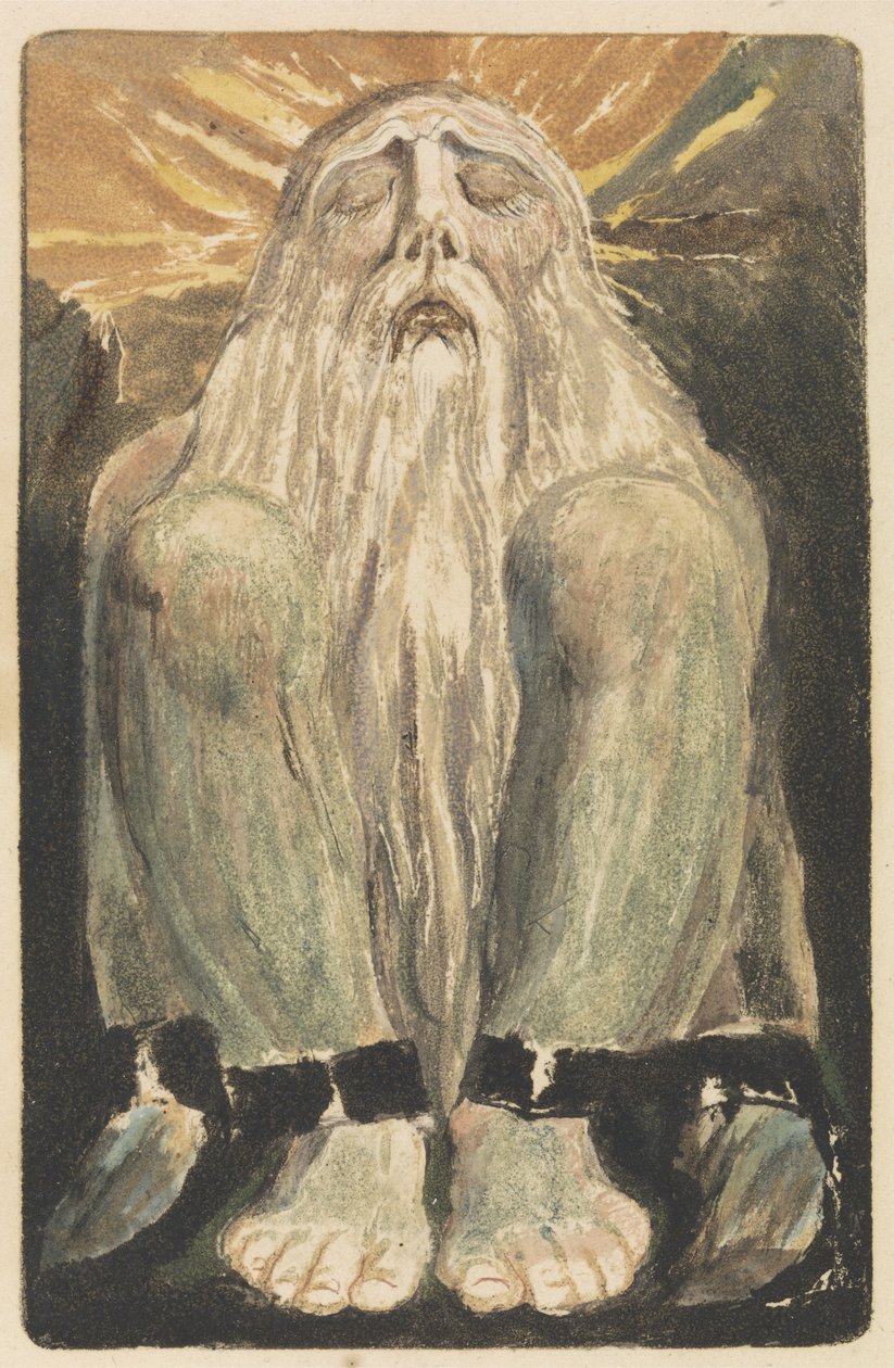 Um homem nu com uma longa barba branca está sentado no chão com os joelhos para cima e os olhos fechados, prato 12 do Primeiro Livro de Urizen, 1794 (relevo gravura com wc) de William Blake