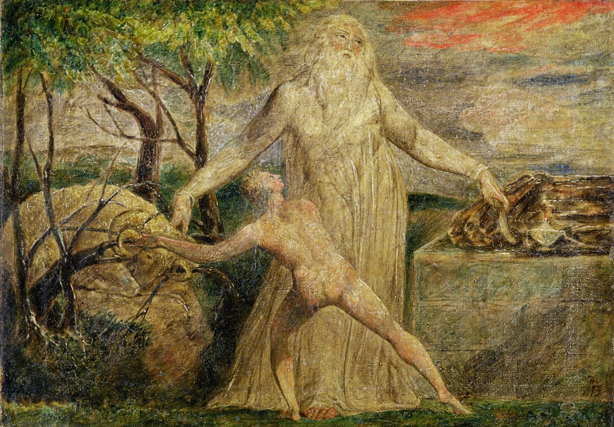 Abraão e Isaac, 1799-1800 (tempera, caneta e tinta sobre tela) de William Blake