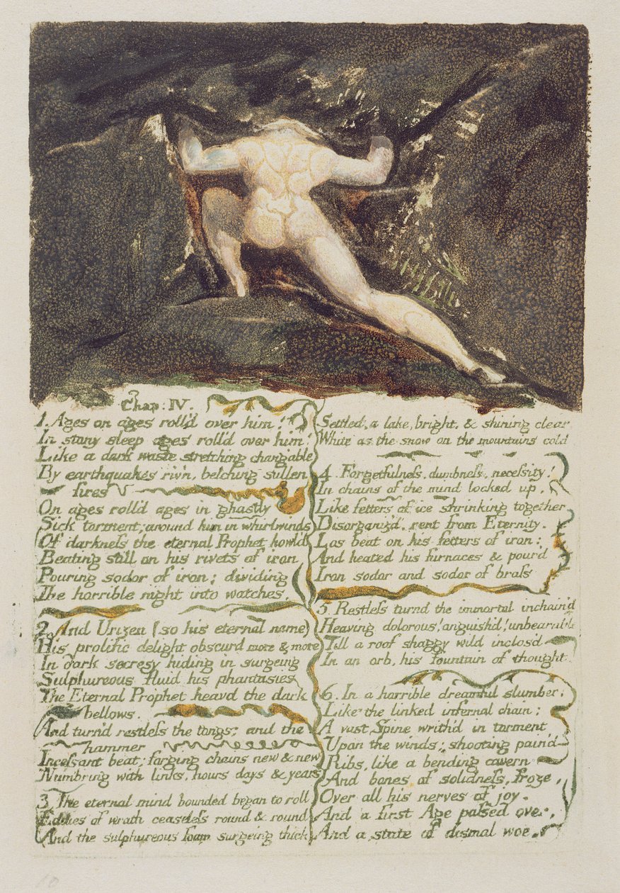 &39;Idades em eras rolaram sobre ele ...&39;, prato 9 de &39;O Primeiro Livro de Urizen&39;, 1794 (gravura em relevo impressa a cores com wc) de William Blake