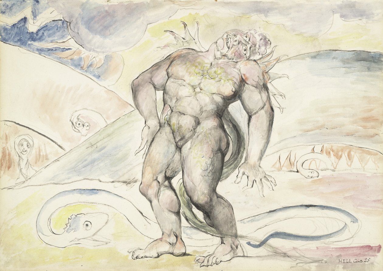 Agnello de Brunelleschi de Florença sendo transformado em serpente, ilustração da Divina Comédia de Dante Alighieri, 1824-27 (caneta e tinta com wc sobre lápis e giz sobre papel) de William Blake